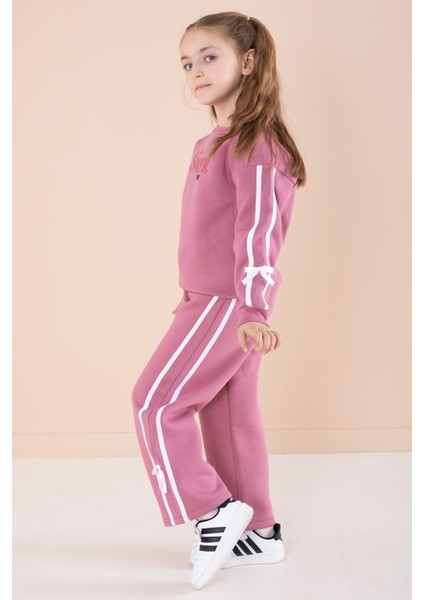 Gül Kurusu Yazı Nakışlı Şerit Detaylı Şardonlu Kız Çocuk Eşofman Takımı 23240 modelleri