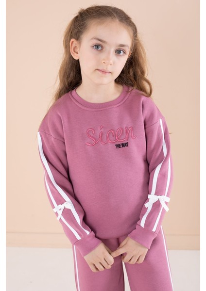 Gül Kurusu Yazı Nakışlı Şerit Detaylı Şardonlu Kız Çocuk Eşofman Takımı 23240 fırsatları