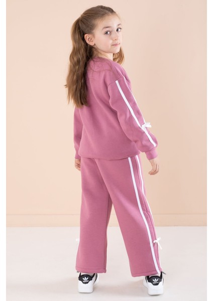 Gül Kurusu Yazı Nakışlı Şerit Detaylı Şardonlu Kız Çocuk Eşofman Takımı 23240 indirimleri