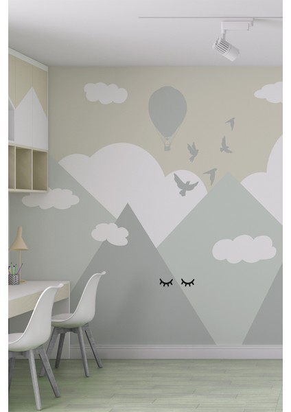 Pastel Dağlar ve Bulutlar Çocuk Odası Tekstil Duvar Kağıdı