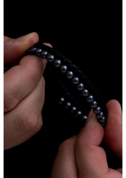 Doğal Taşlı Hematit Deri Bileklik