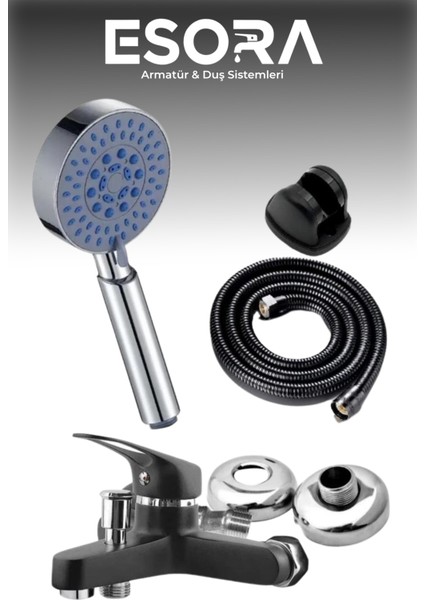 Siyah Banyo Bataryası Duş Başlığı Hortumu ve Mafsalı Set