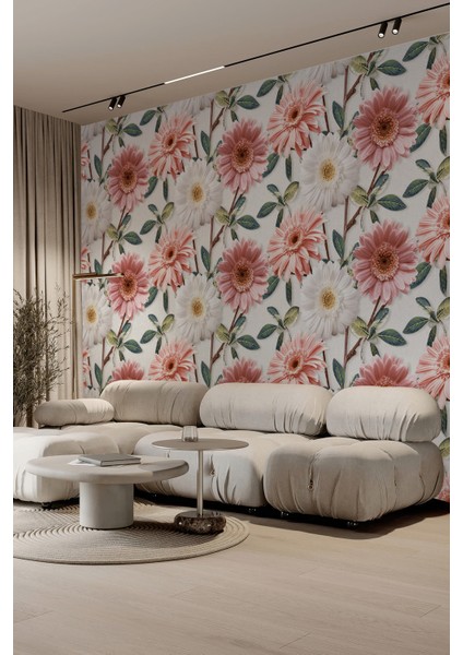 Pembe Gerbera Çiçek Desenli Tekstil Duvar Kağıdı fiyatları