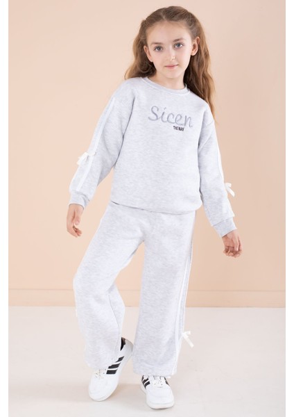 Gri Yazı Nakışlı Şerit Detaylı Şardonlu Kız Çocuk Eşofman Takımı 23238