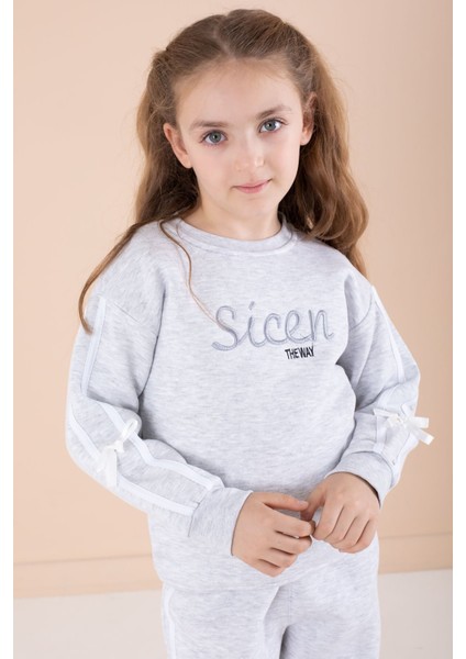 Gri Yazı Nakışlı Şerit Detaylı Şardonlu Kız Çocuk Eşofman Takımı 23238 fiyatları