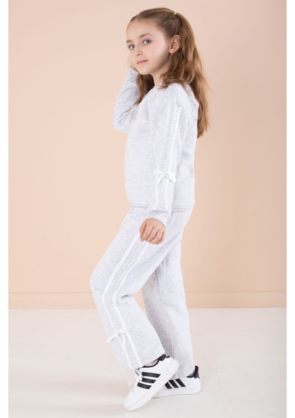 Gri Yazı Nakışlı Şerit Detaylı Şardonlu Kız Çocuk Eşofman Takımı 23238 modelleri
