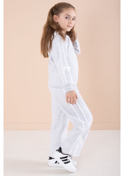 Gri Yazı Nakışlı Şerit Detaylı Şardonlu Kız Çocuk Eşofman Takımı 23238 fırsatları