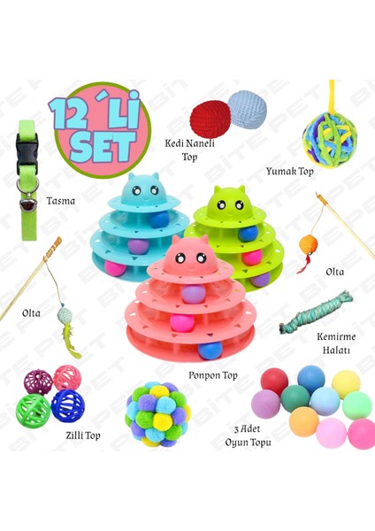L 11 1 Kedi Oyuncaklıtu Seti:3 Katlı Oyuncak 60 cm Olta Ponpon Top Kedi Naneli Top 1 Adet