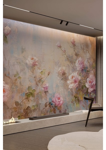Pastel Gül Desenli Yağlı Boya Efektli Romantik Tekstil Duvar Kağıdı fiyatları