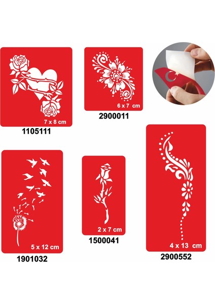 Gül ve Kalp Modelleri 5'li Set Geçici Dövme Kına Şablonu