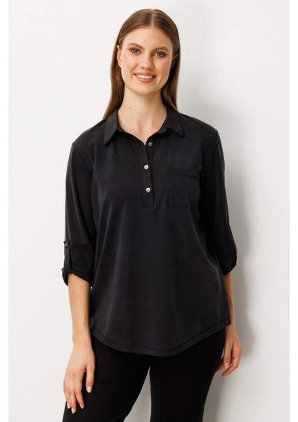 Yakası Düğmeli Cep Detaylı Bluz Siyah 61356