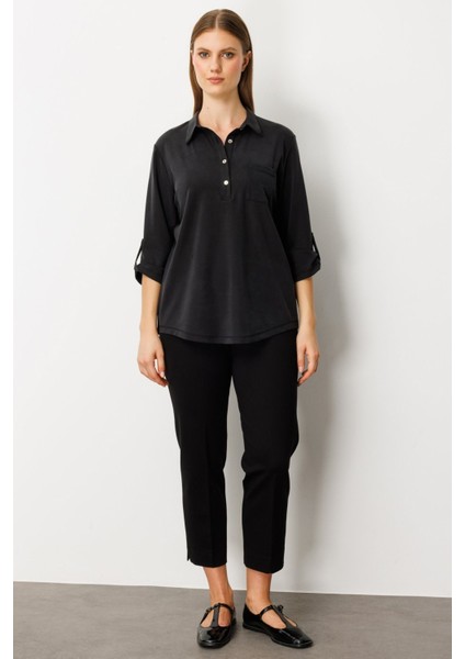 Yakası Düğmeli Cep Detaylı Bluz Siyah 61356 fiyatları