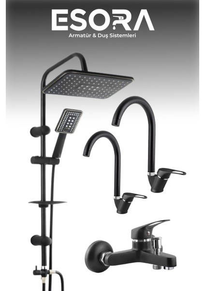 Siyah Robot Tepe Yağmurlama Banyo-Mutfak-Lavobo Musluğu Çeşmesi 4'lü Set