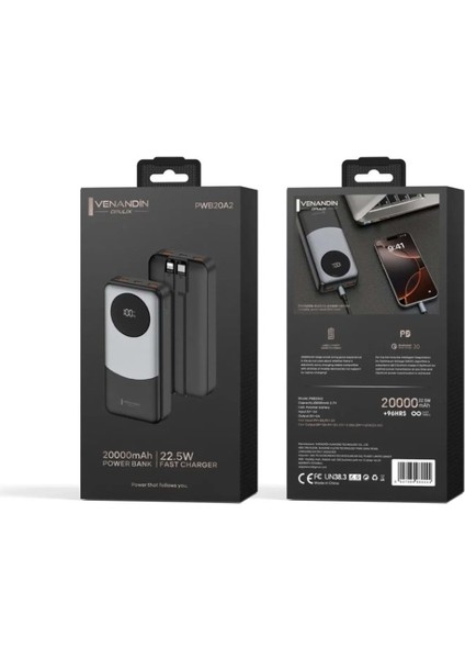Avctekno Venandin PWB20A2 20.000 Mah LED Göstergeli 22.5W Hızlı Kendinden Kablolu Powerbank