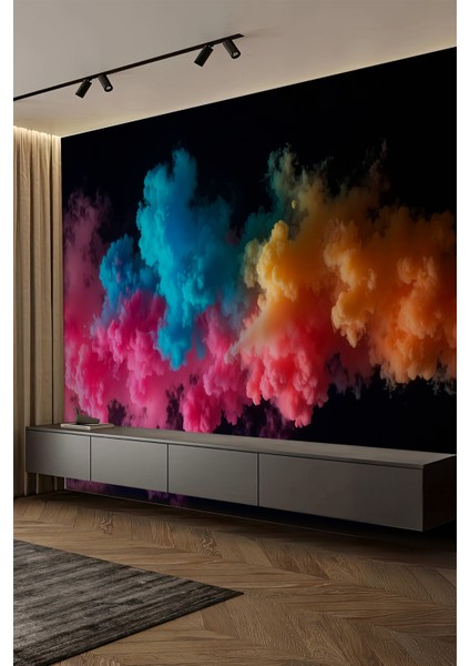 Neon Renkli Mavi Pembe Turuncu Geçişli Duman Desenli Tekstil Duvar Kağıdı fiyatları