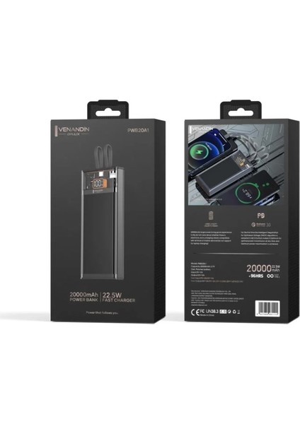 Avc Tekno Venandin PWB20A1 20.000 Mah LED Göstergeli 22.5W Hızlı Kendinden Kablolu Powerbank