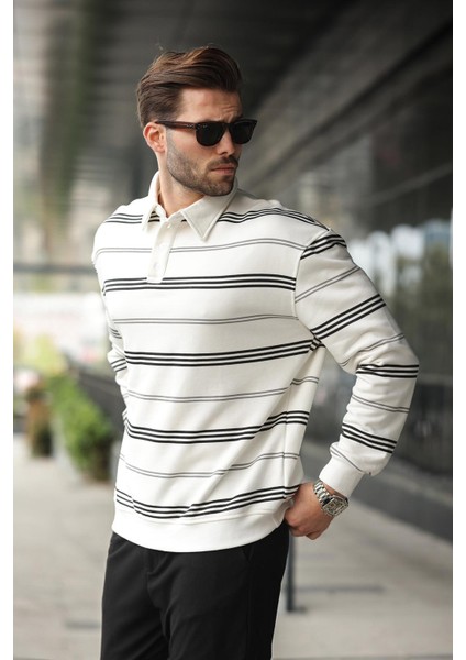 Ekru Çizgili Polo Yaka Erkek Sweatshirt E7172