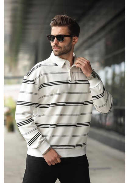 Ekru Çizgili Polo Yaka Erkek Sweatshirt E7172 modelleri