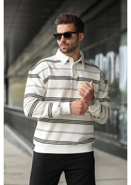 Ekru Çizgili Polo Yaka Erkek Sweatshirt E7172 fırsatları
