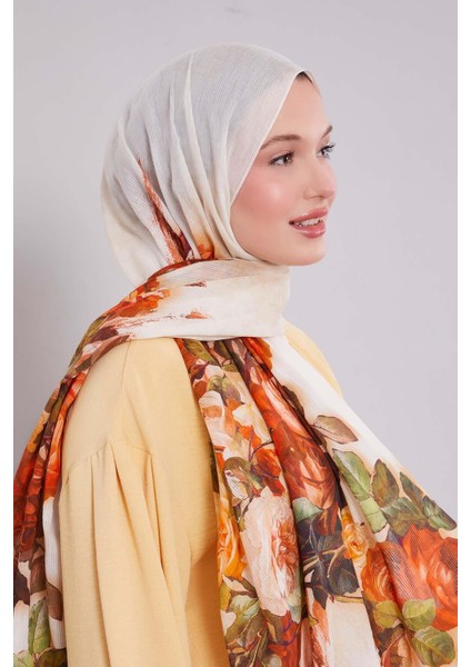 Krem Çiçek Dalı Desen Pamuk Şal