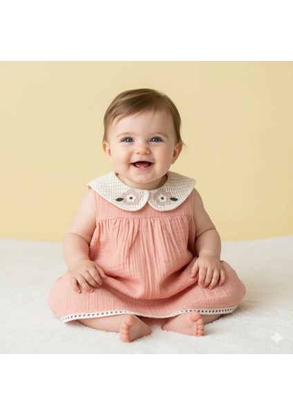 Doğal Müslin Kumaş Kız Bebek Elbisesi - Dantel Yakalı 🌸