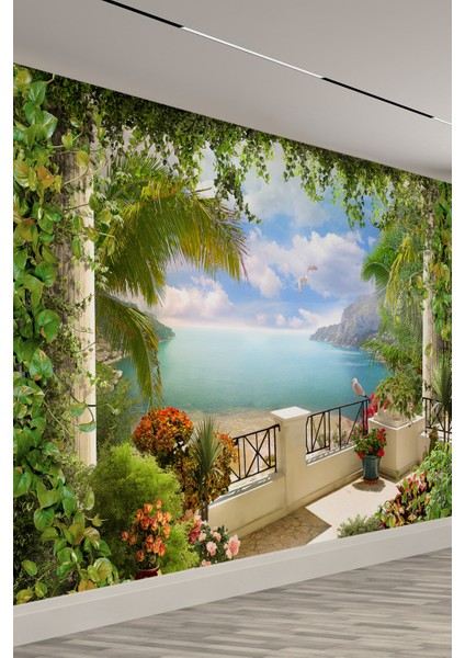 Akdeniz Balkon Manzarası Tek Parça Tekstil Duvar Kağıdı