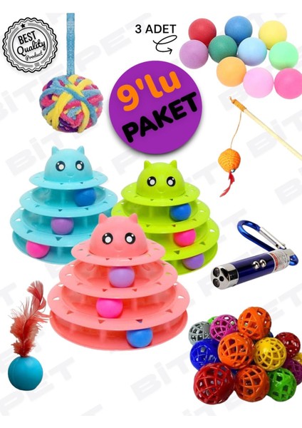 L 8 1 Kedi Oyun Seti:3 Katlı Oyuncak-Lazer-Olta-Yumak Top-Tüylü Top 1 Adet