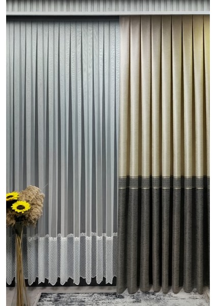 Pano Fon Perde Ekose Şeritli Krem Bej - Gri 1 / 3 Sık Pileli (Tek Kanat) Fon, Perde, Tül,