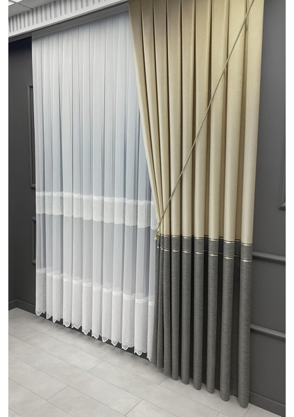 Pano Fon Perde Ekose Şeritli Krem Bej - Gri 1 / 3 Sık Pileli (Tek Kanat) Fon, Perde, Tül, fiyatları