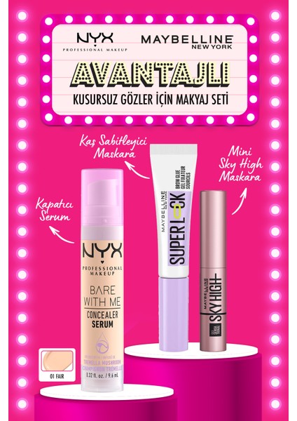 Bare With Me 01 Kapatıcı & Super Lock Kaş Sabitleyici Makyaj Seti & Sky High Mini Maskara