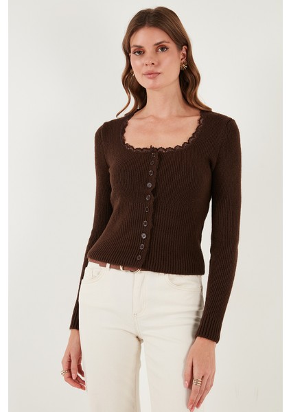 Premium Slim Fit Dantel Detaylı Yaka Örme Hırka Bayan Hırka 680HI00061 modelleri