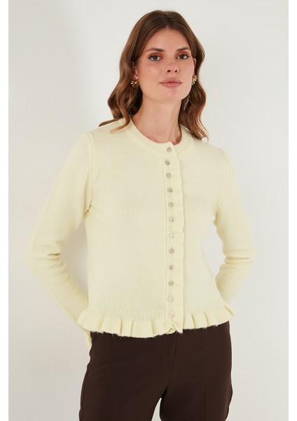 Premium Pile Detaylı Regular Fit Yuvarlak Yaka Triko Hırka Bayan Hırka 680HI00038