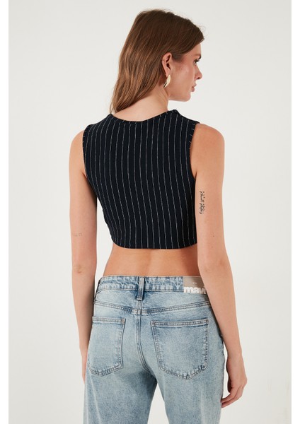 Slim Fit Kalp Yaka Düğmeli Kalın Askılı Crop Yelek Bayan Yelek 5865497