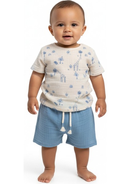 Zürafa ve Palmiye Desenli Müslin Erkek Bebek Takım