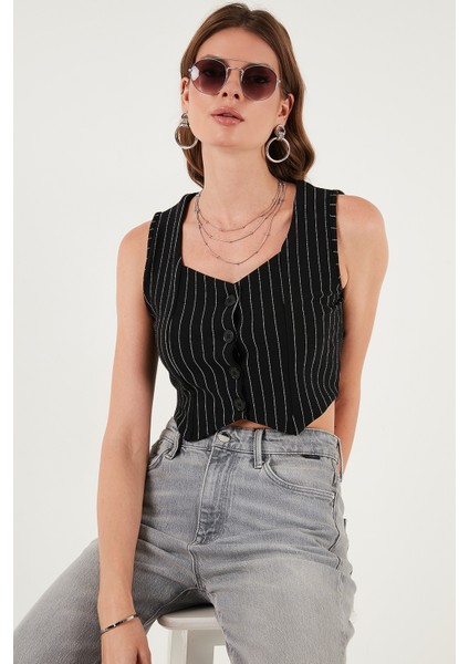 Slim Fit Kalp Yaka Düğmeli Kalın Askılı Crop Yelek Bayan Yelek 5865497