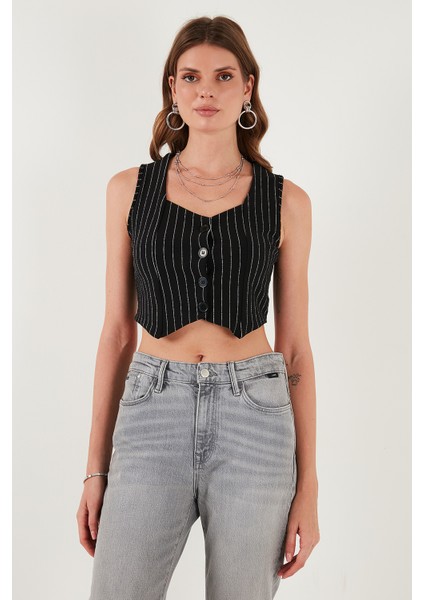 Slim Fit Kalp Yaka Düğmeli Kalın Askılı Crop Yelek Bayan Yelek 5865497 modelleri