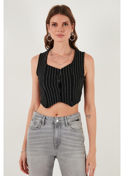 Slim Fit Kalp Yaka Düğmeli Kalın Askılı Crop Yelek Bayan Yelek 5865497 fırsatları