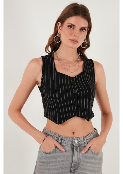 Slim Fit Kalp Yaka Düğmeli Kalın Askılı Crop Yelek Bayan Yelek 5865497 indirimleri