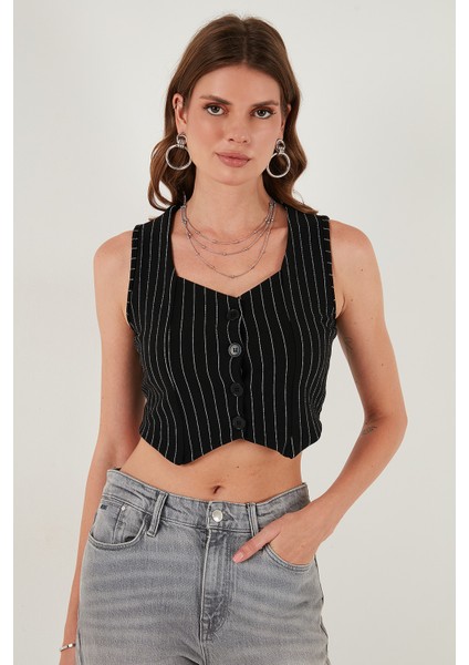 Slim Fit Kalp Yaka Düğmeli Kalın Askılı Crop Yelek Bayan Yelek 5865497