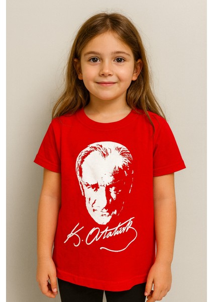 Atatürk Baskılı Unisex Çocuk Kırmızı Tişört | %100 Pamuk | Bisiklet Yaka