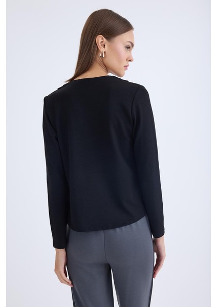 V Yaka Omuzu Düğmeli Uzun Kol Bluz fırsatları