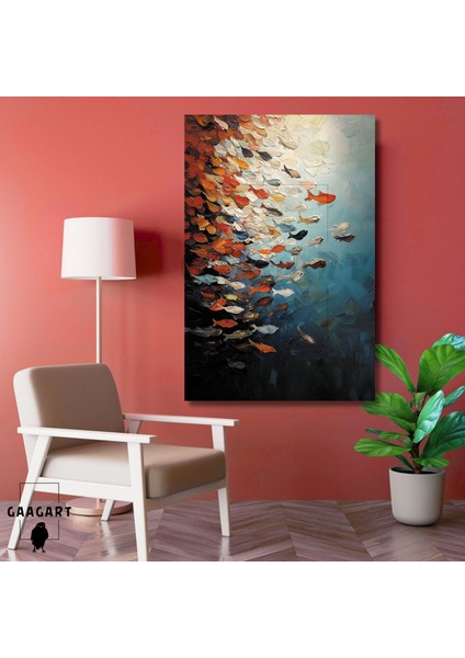 Tekli Dikey Kanvas Tablo Yağlı Boya Görünümlü Balık Sürüsü