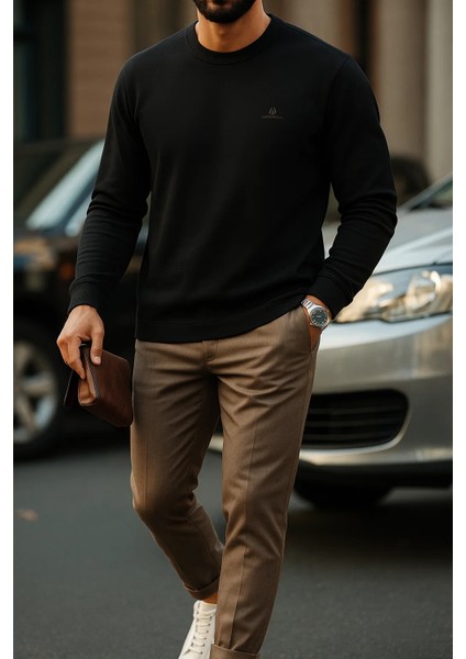 Erkek Comfort Fit Günlük Nakışlı Siyah Sweatshirt