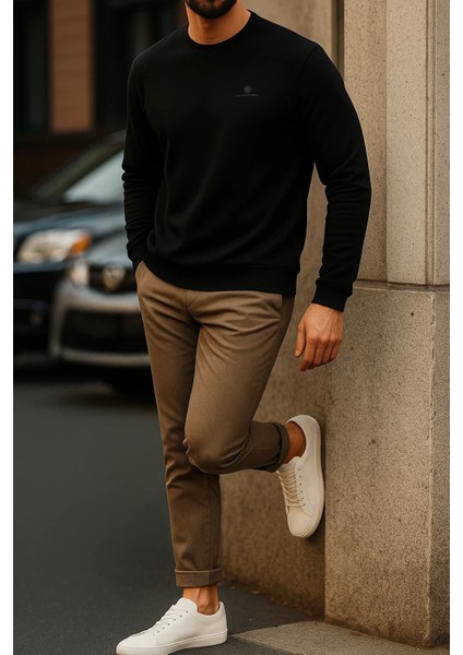 Erkek Comfort Fit Günlük Nakışlı Siyah Sweatshirt