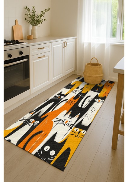 Kedi Desenli Çocuk Halısı, Siyah, Sarı ve Turuncu Renkli, Kaymaz Taban, Oda Dekoru