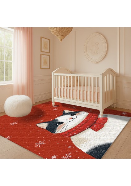 Sevimli Kedi Motifli Kırmızı Çocuk Halısı, Oyun Odası Için Yumuşak ve Dekoratif