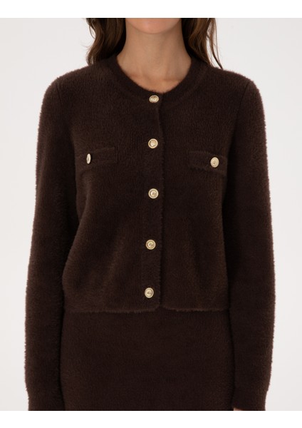 Kadın Kahverengi Crop Top Triko Hırka 50310994-VR029