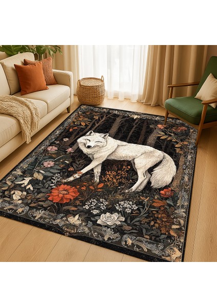 Şık Hayvan Figürlü Lacivert Zemin Salon Halısı, Kaymaz Tabanlı ve Estetik Tasarım