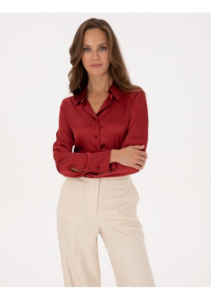 Kadın Bordo Regular Fit Uzun Kollu Gömlek 50319346-VR014 modelleri