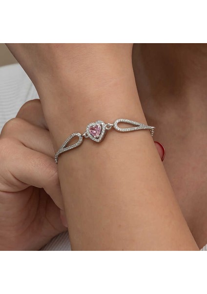 Gümüş Pembe Zirkon Taşlı Kalp Bileklik fırsatları